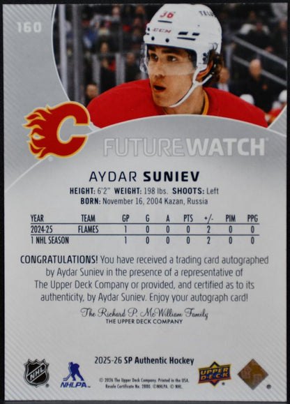2025-26 SP Authentic Future Watch Auto Aydar Suniev 160 Flames RC Auto /999 5119