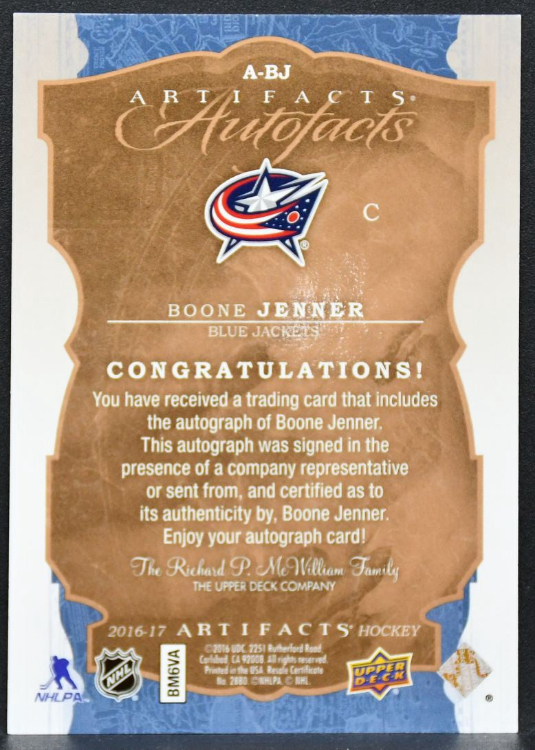 2016-17 Upper Deck Artifacts AutoFacts Boone Jenner A-BJ Blue Jackets Auto 9697