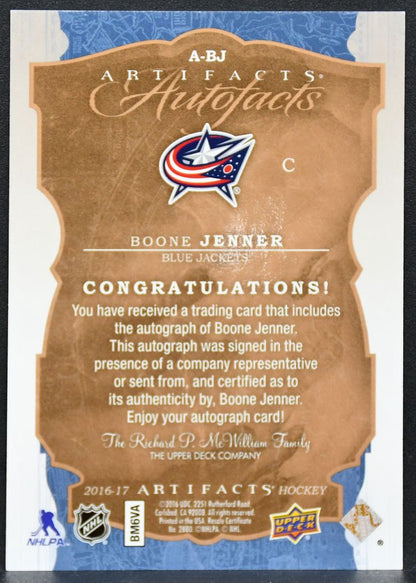 2016-17 Upper Deck Artifacts AutoFacts Boone Jenner A-BJ Blue Jackets Auto 9697