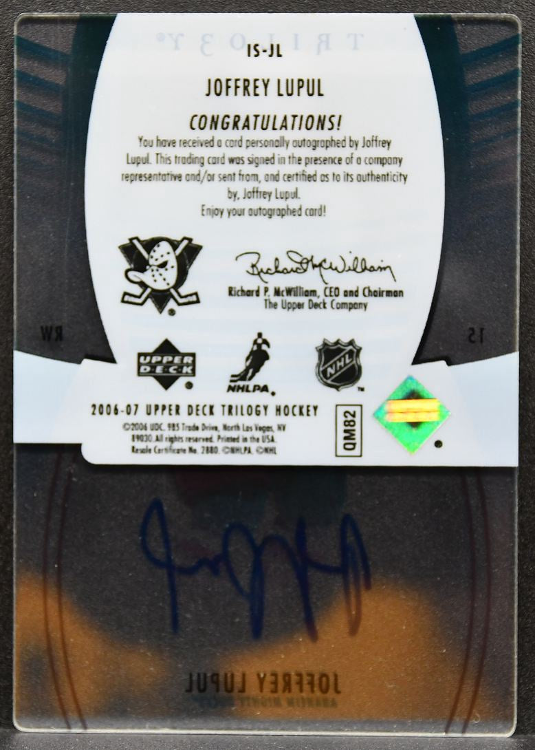 2006-07 UD Trilogy Ice Scripts Lupul IS-JL Anaheim Mighty Ducks Auto 0713