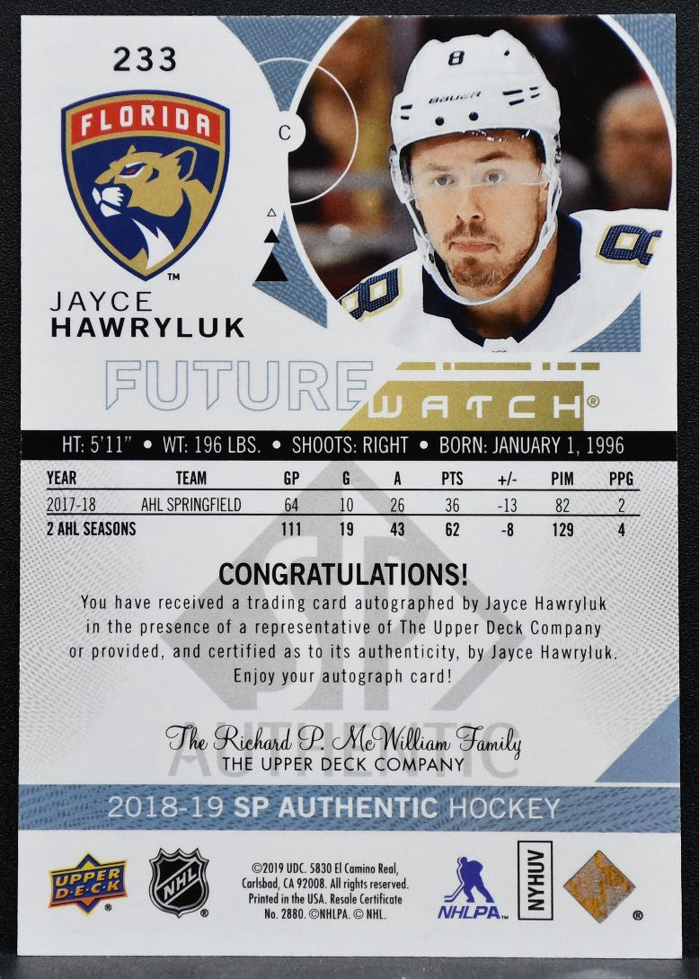 2018-19 SP Authentic Future Watch Auto Jayce Hawryluk RC Auto 662/999 2114