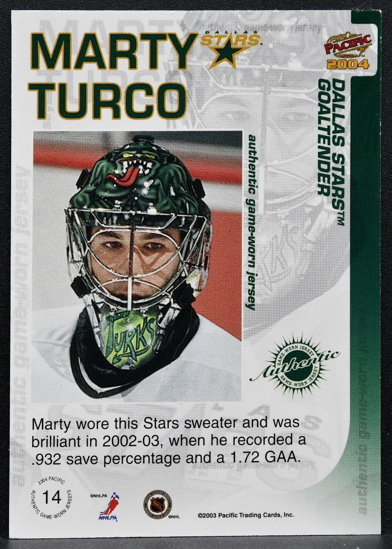 2003-04 Pacific Jersey Marty Turco 14 Dallas Stars Jersey 3438