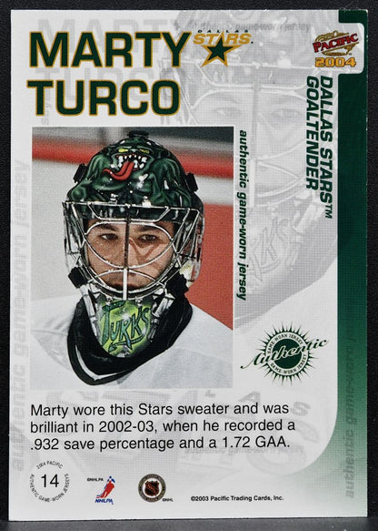 2003-04 Pacific Jersey Marty Turco 14 Dallas Stars Jersey 3438