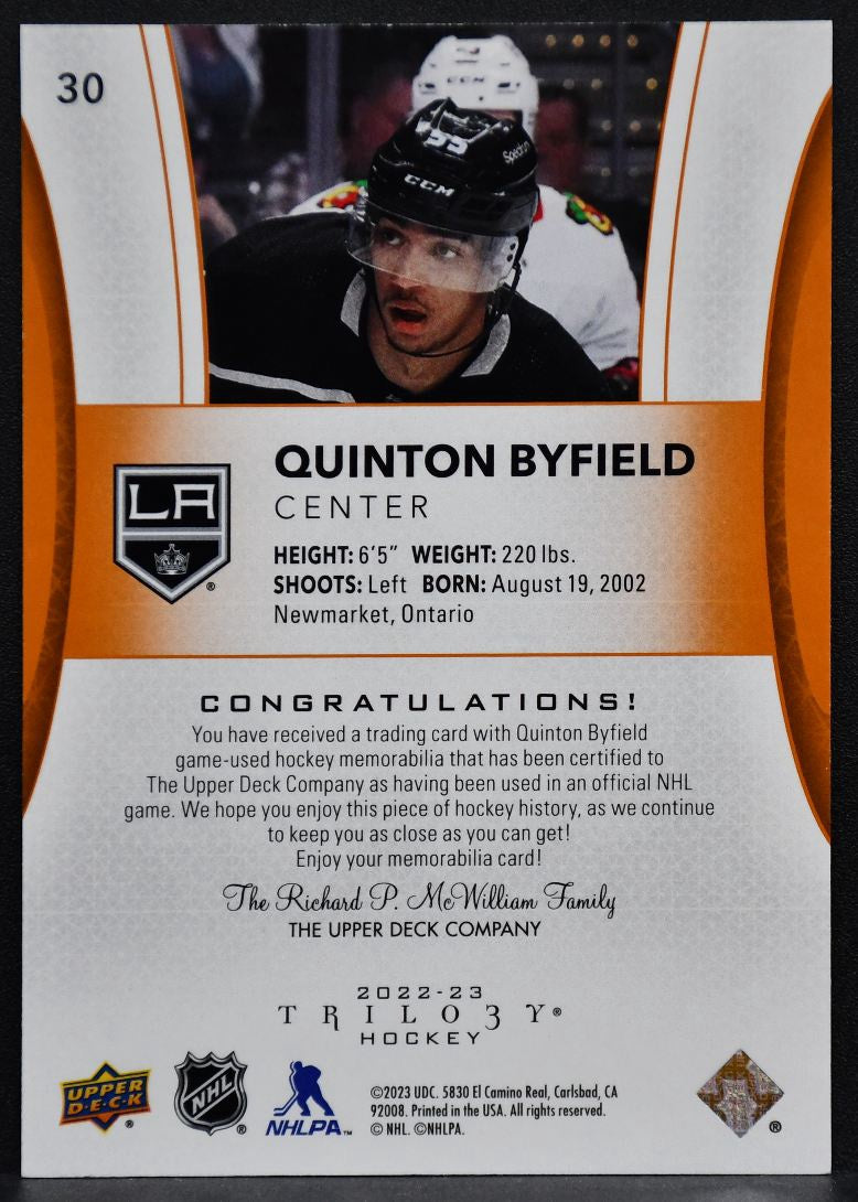 22-23 UD Trilogy Orange Foil Jersey Quinton Byfield Los Angeles Kings 6546