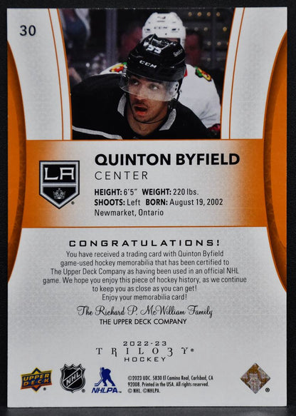 22-23 UD Trilogy Orange Foil Jersey Quinton Byfield Los Angeles Kings 6546