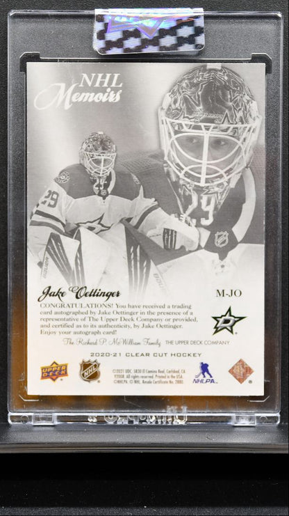 2020-21 Upper Deck Clear Cut NHL Memoirs Jake Oettinger M-JO Stars RC Auto 2416