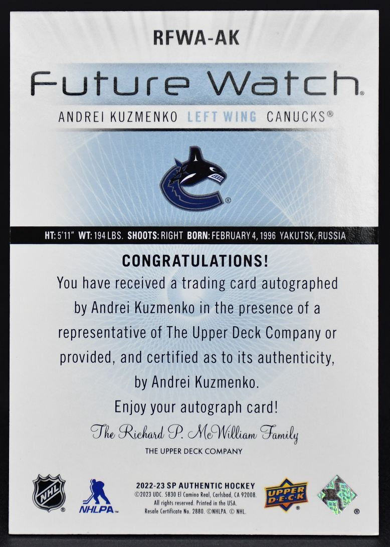 2022-23 SP Authentic 2012-13 Retro Future Watch Autographs Kuzmenko RC 175/199