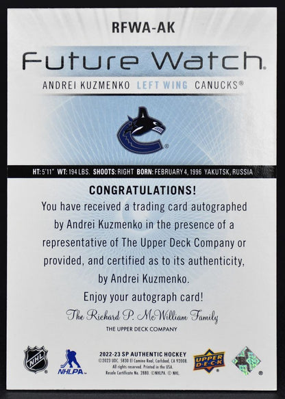 2022-23 SP Authentic 2012-13 Retro Future Watch Autographs Kuzmenko RC 175/199