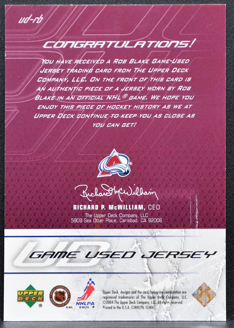 2003-04 Upper Deck UD Game Used Jersey Rob Blake Colorado Avalanche Jersey 9930