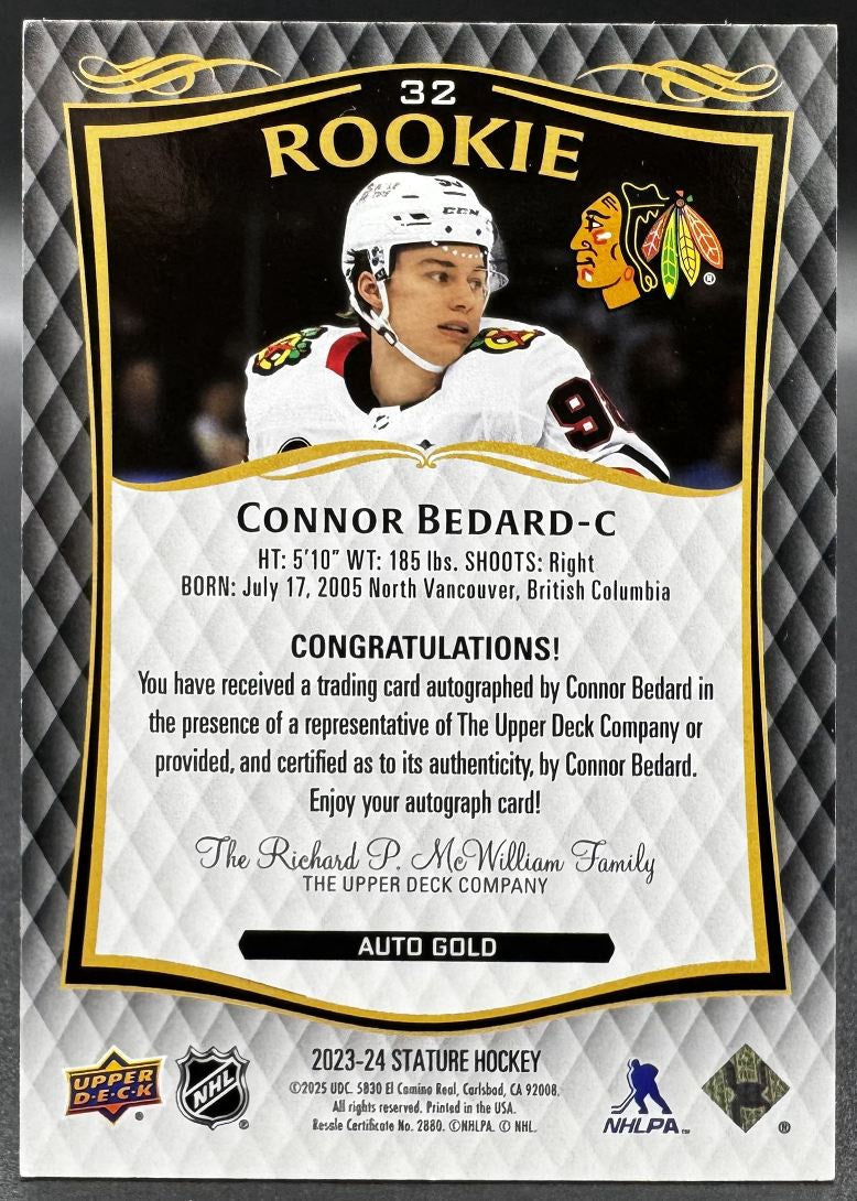 2023-24 UD Stature Connor Bedard 32 Chicago Blackhawks RC AUTO 05/10