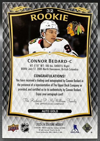 2023-24 UD Stature Connor Bedard 32 Chicago Blackhawks RC AUTO 05/10