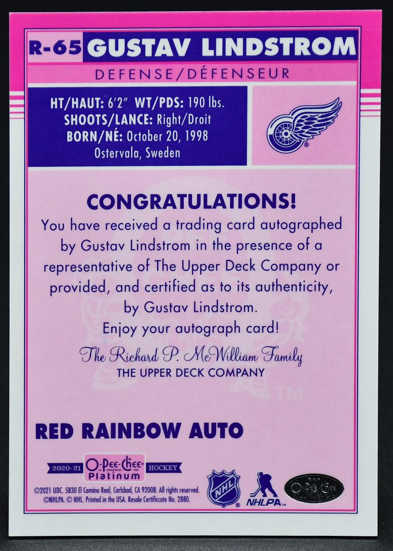 2020-21 OPC Platinum Retro Rookie Red Rainbow Auto Gustav Lindstrom R-65 Auto