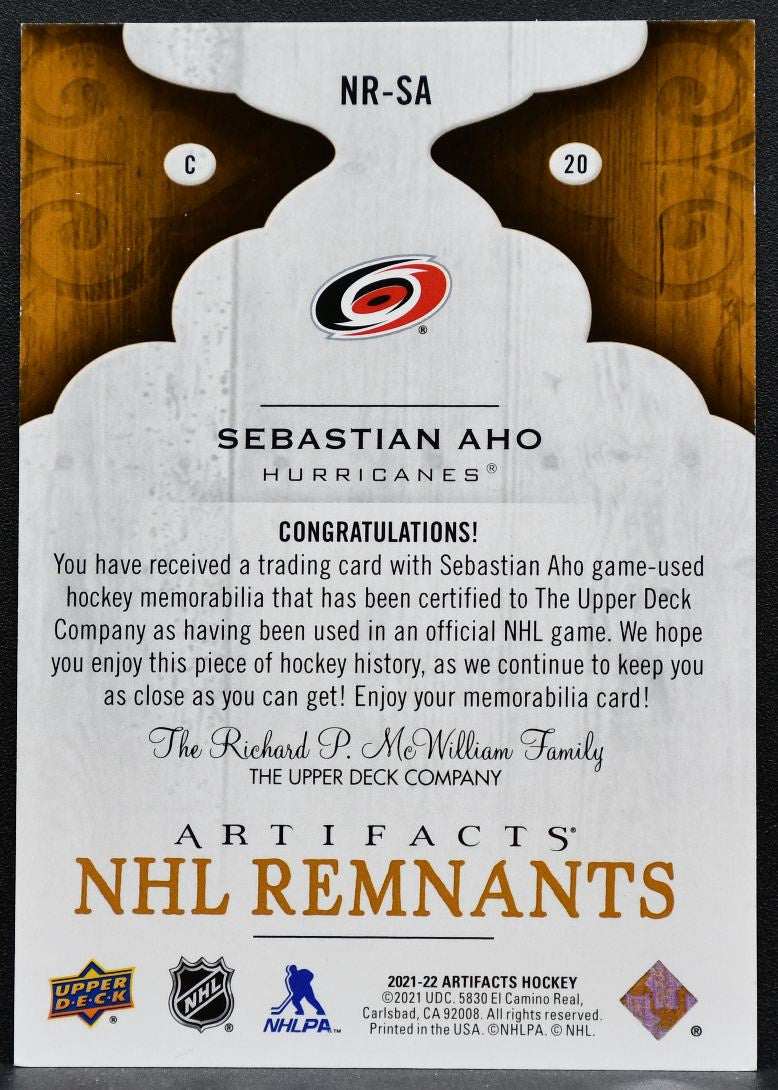 2021-22 Upper Deck Artifacts NHL Remnants Sebastian Aho Hurricanes Jersey 4461