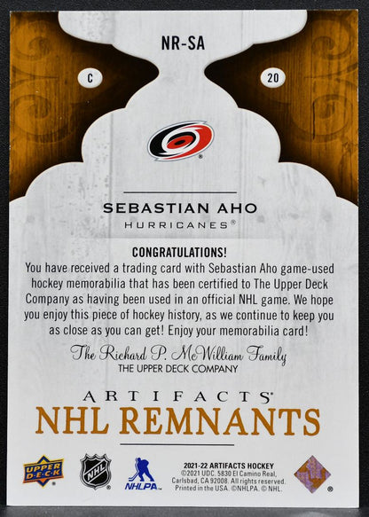 2021-22 Upper Deck Artifacts NHL Remnants Sebastian Aho Hurricanes Jersey 4461