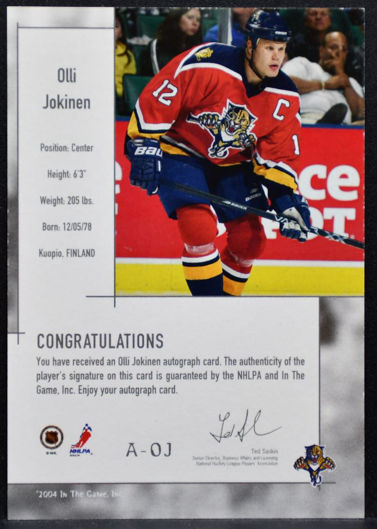2003-04 In The Game Used Signature Series Auto Olli Jokinen Panthers Auto 6822