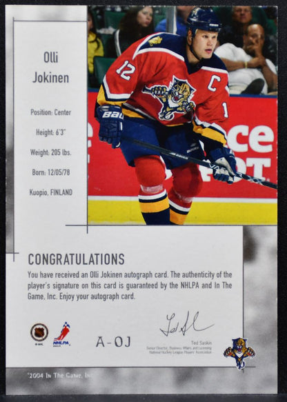 2003-04 In The Game Used Signature Series Auto Olli Jokinen Panthers Auto 6822