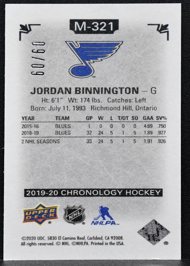 2019-20 UD Chronology Time Capsules Canvas Mini Jordan Binnington Blues 60/60 8440