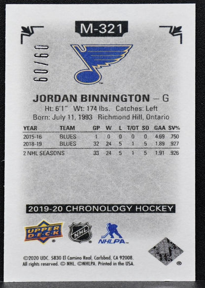 2019-20 UD Chronology Time Capsules Canvas Mini Jordan Binnington Blues 60/60 8440