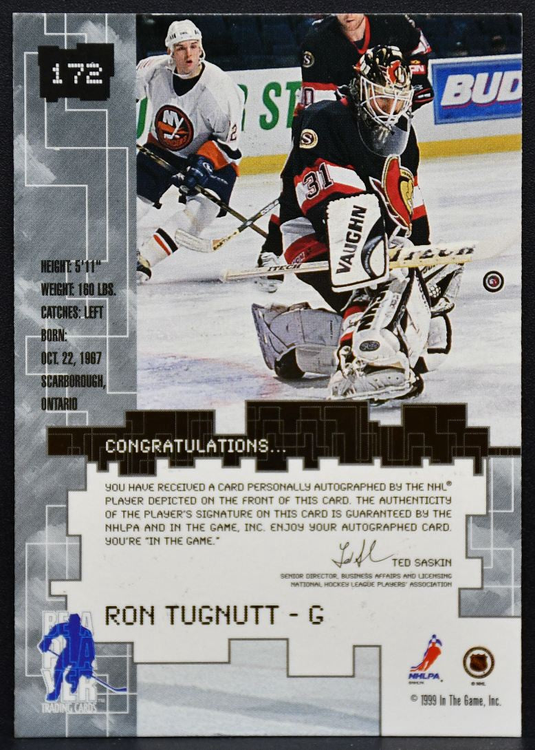 1999-100 Be a Player Millennium Autographs Ron Tugnutt 172 Senators Auto 8010