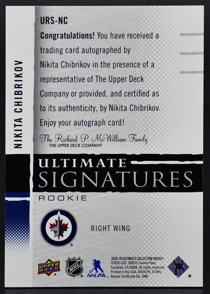 2024-25 UD Ultimate Collection Signatures RC Chibrikov Winnipeg Jets RC Auto