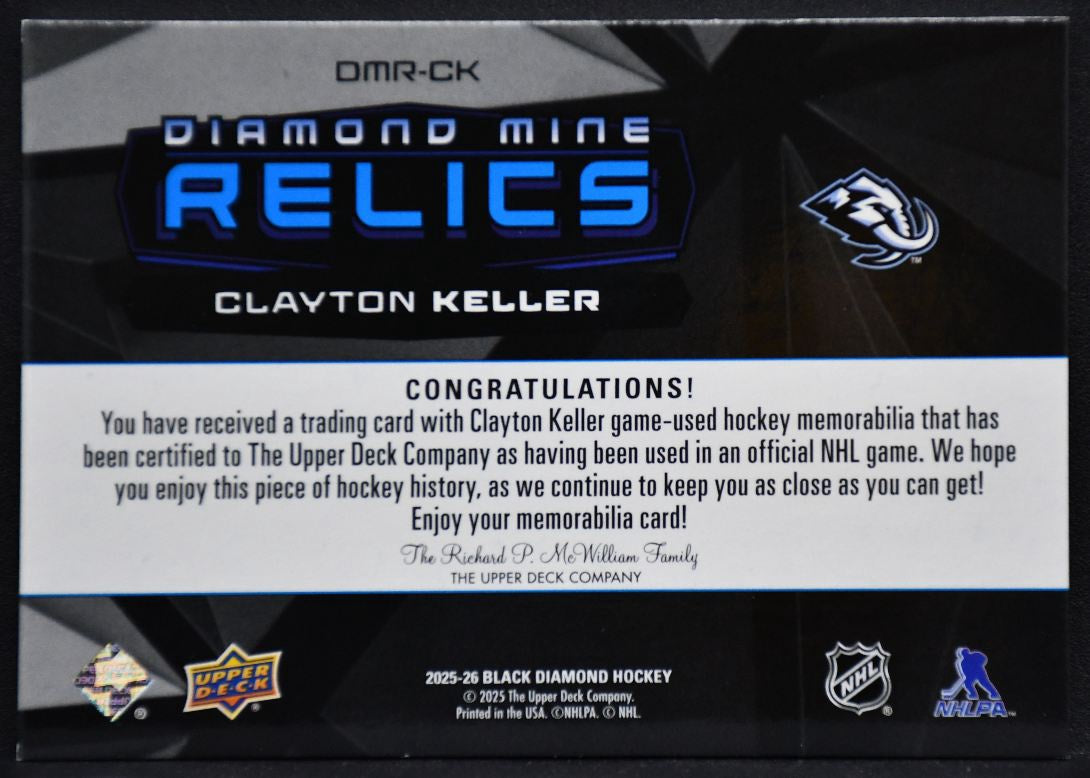 2025-26 UD Black Diamond Mine Relics Clayton Keller DMR-CK Utah Mammoth Jersey 2622