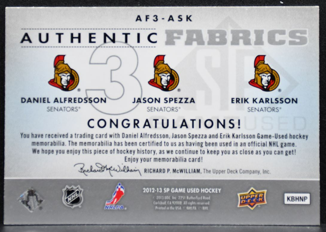 2012-13 SP Game Used Triple Authentic Alfredsson/Spezza/Karlsson Jersey 4279