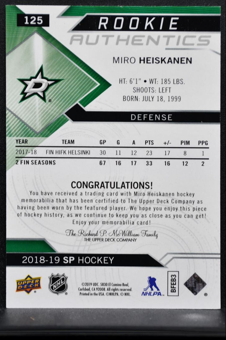 2018-19 SP Rookie Authentics Jersey Miro Heiskanen 125 RC Jersey 9516