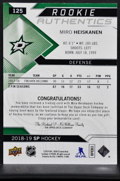 2018-19 SP Rookie Authentics Jersey Miro Heiskanen 125 RC Jersey 9516
