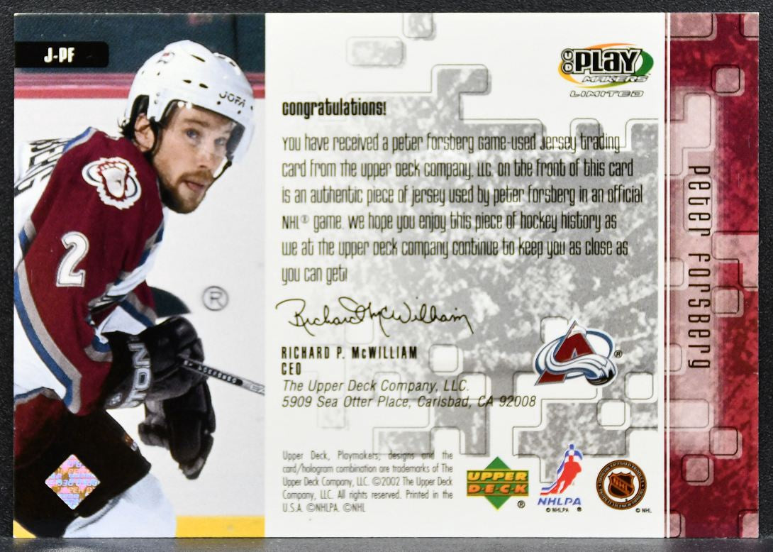 2001-02 UD Play Makers Limited Player's Club Peter Forsberg Jersey 6364