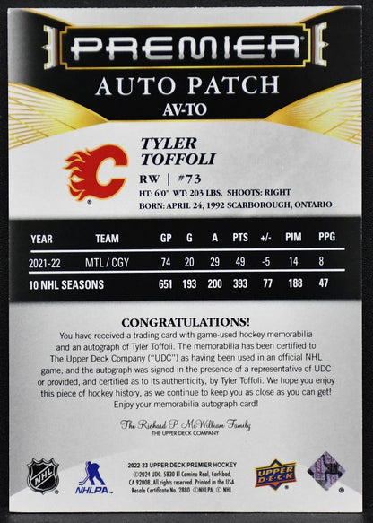 22-23 UD Ultimate Collection Autographs Patch Gold Tyler Toffoli Flames /35  5112