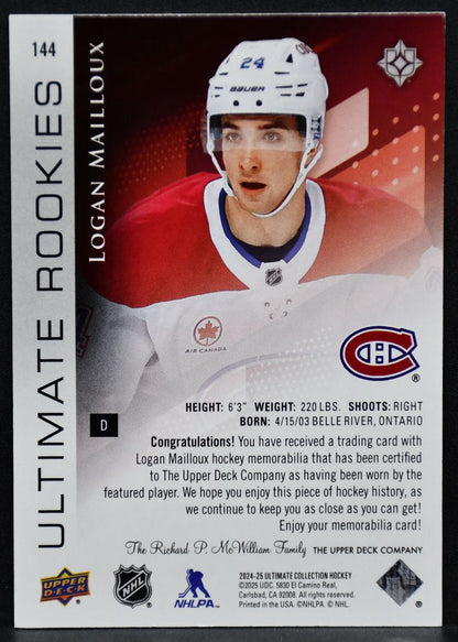 2024-25 UD Ultimate Collection Logan Mailloux 144 Canadiens RC 281/499 Jersey