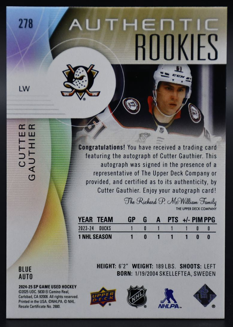 2024-25 SP Game Used Cutter Gauthier 278 Anaheim Ducks RC Auto