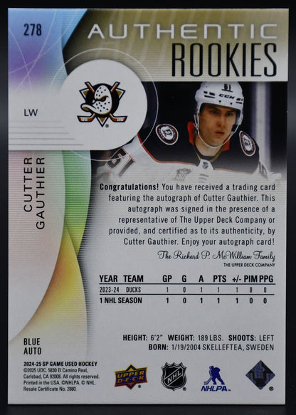 2024-25 SP Game Used Cutter Gauthier 278 Anaheim Ducks RC Auto