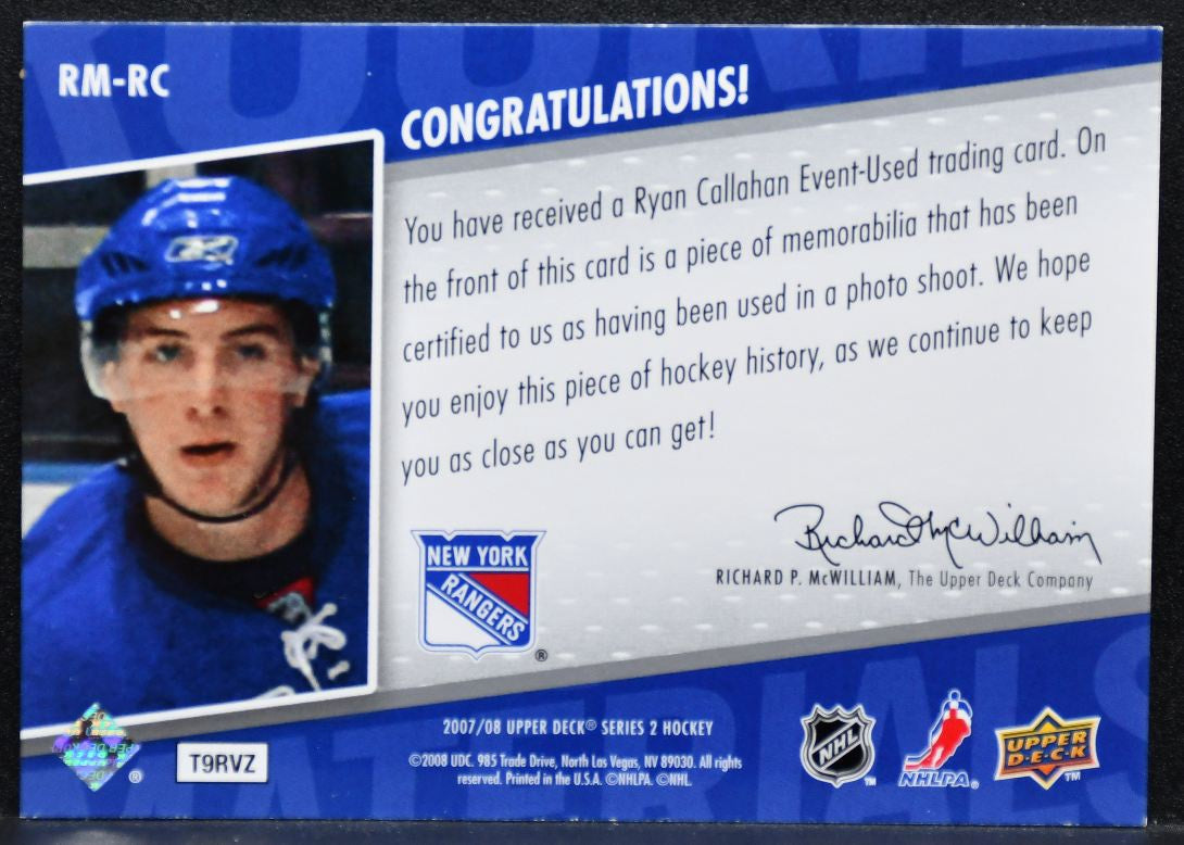 2007-08 UD Series 2 Rookie Materials Ryan Callahan RM-RC Rangers RC Jersey 8116