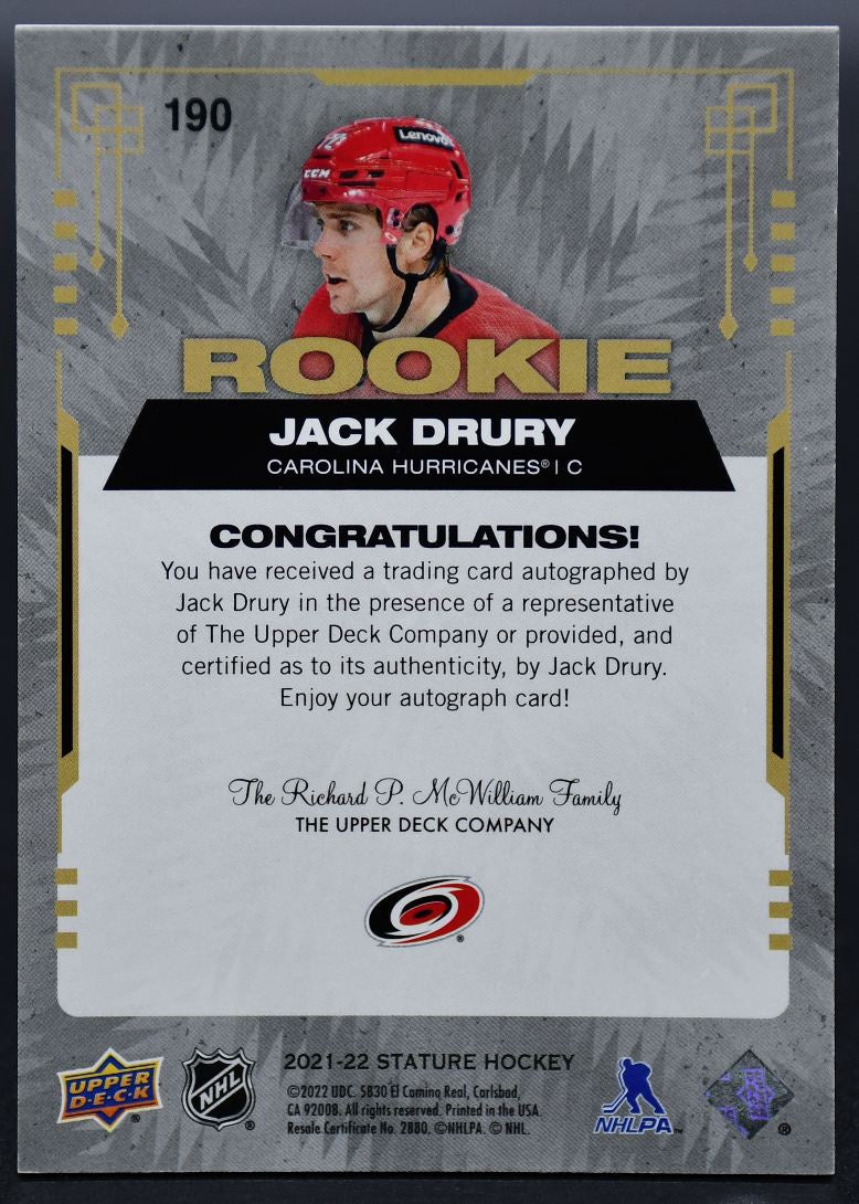 2021-22 UD Stature Jack Drury 190 Carolina Hurricanes RC Auto 07/49