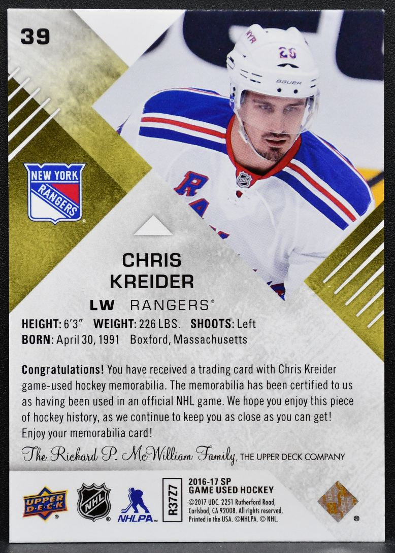 2016-17 SP Game Used Gold Material Chris Kreider 39 New York Rangers Jersey 2486