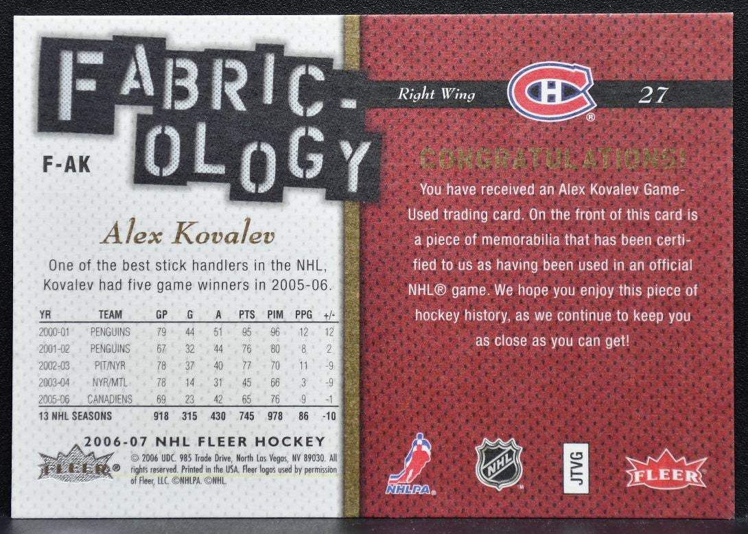 2006-07 Fleer Fabric-ology Alex Kovalev F-AK Montreal Canadiens Jersey 7899