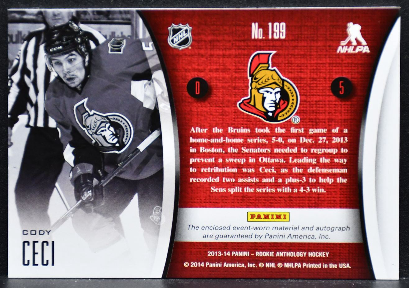 2013-14 Panini Rookie Anthology Jersey Auto Cody Ceci 199  RC Auto 048/249