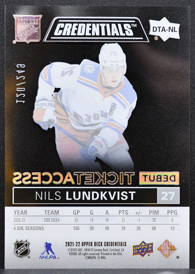 2021-22 UD Credentials Debut Ticket Access Acetate Lundkvist Rangers RC 0863