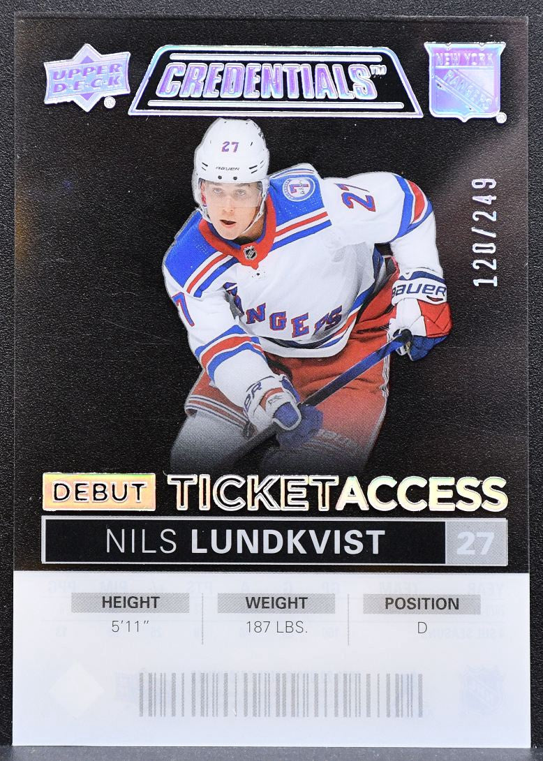 2021-22 UD Credentials Debut Ticket Access Acetate Lundkvist Rangers RC 0863