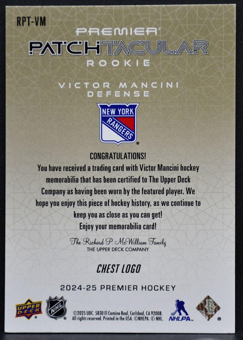 24-25 UD Premier RC Patch-Taculars Logo Chest Victor Mancini Rangers /25 Patch 6737