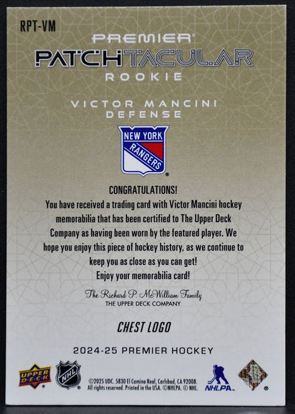 24-25 UD Premier RC Patch-Taculars Logo Chest Victor Mancini Rangers /25 Patch 6737