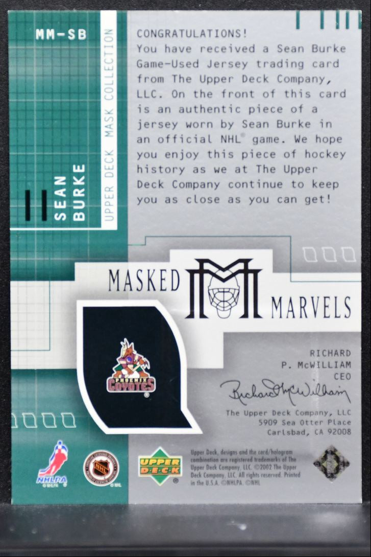 2001-02 UD Mask Collection Masked Marvels Goalie Jerseys Burke Jersey 4367