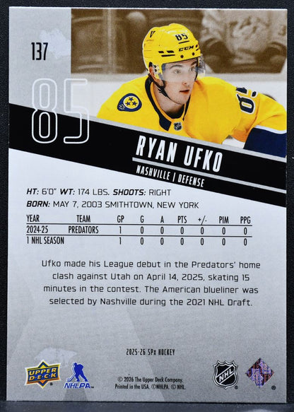 2025-26 SPx Rookies Ryan Ufko 137 Nashville Predators RC 6583