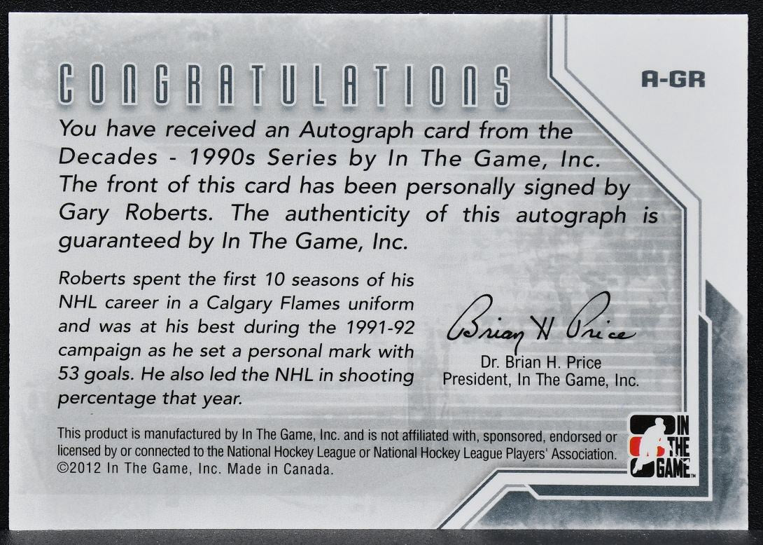 2012-13 In The Game Decades 1990s Autographs Gary Roberts A-GR Auto 9835