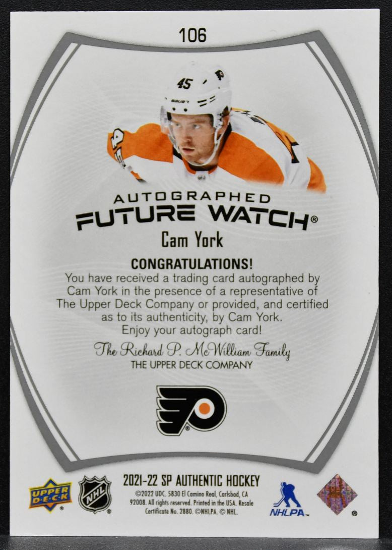 2021-22 SP Authentic Future Watch Auto Cam York 106 Flyers RC Auto 269/999 0499