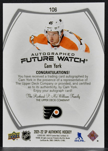 2021-22 SP Authentic Future Watch Auto Cam York 106 Flyers RC Auto 269/999 0499