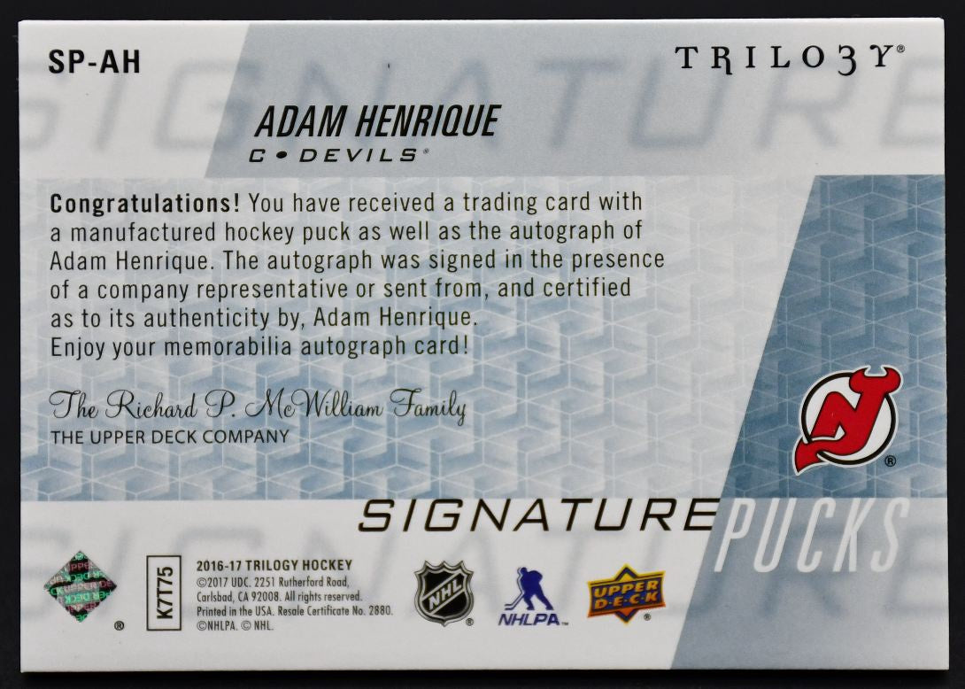 Rondelles autographiées UD Trilogy Signature 2016-2017 Adam Henrique SP-AH New Jersey Devils