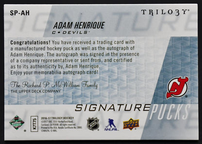 Rondelles autographiées UD Trilogy Signature 2016-2017 Adam Henrique SP-AH New Jersey Devils