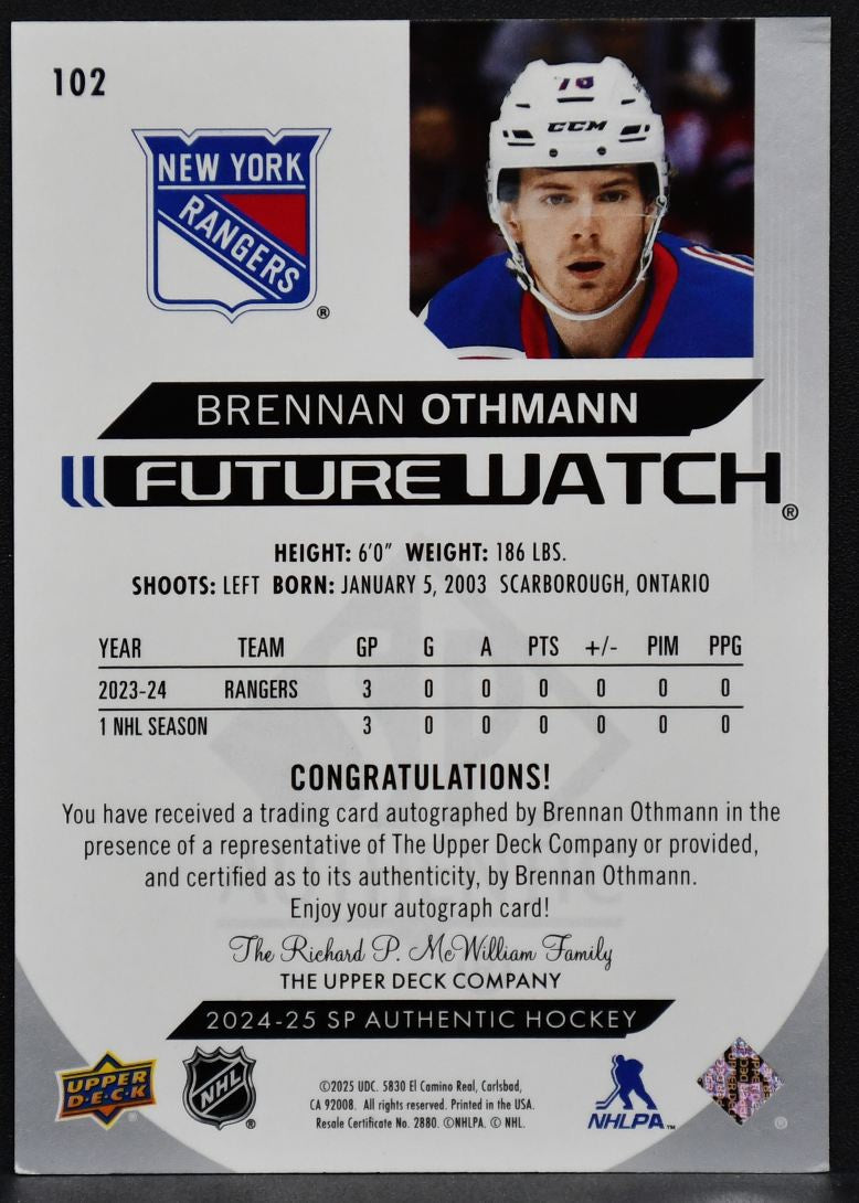 24-25 SP Authentic Future Watch Auto Inscribed Brennan Othmann Rangers RC /999 4610